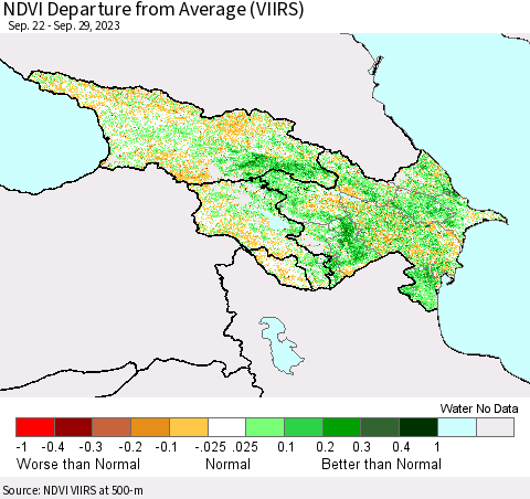 Azerbaijan, Armenia and Georgia NDVI Departure from Average (VIIRS) Thematic Map For 9/22/2023 - 9/29/2023