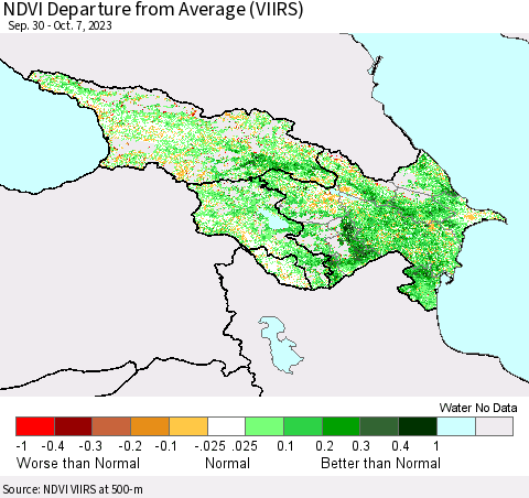 Azerbaijan, Armenia and Georgia NDVI Departure from Average (VIIRS) Thematic Map For 9/30/2023 - 10/7/2023
