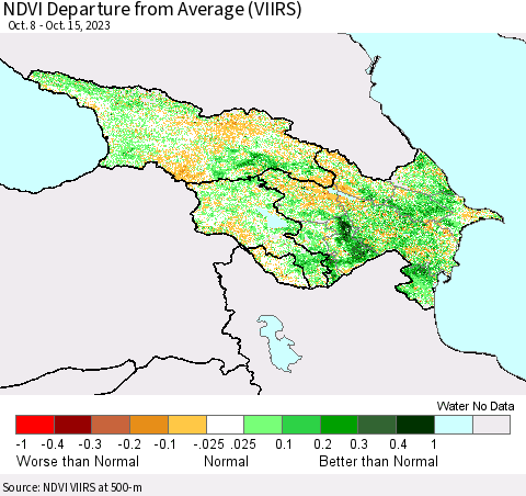 Azerbaijan, Armenia and Georgia NDVI Departure from Average (VIIRS) Thematic Map For 10/8/2023 - 10/15/2023