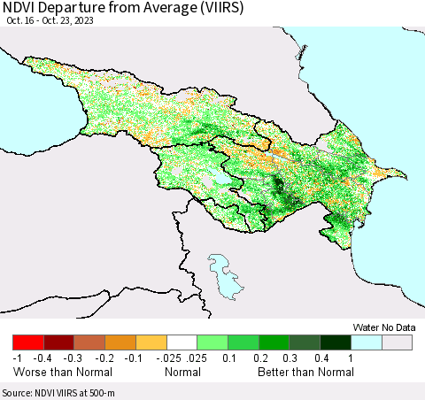 Azerbaijan, Armenia and Georgia NDVI Departure from Average (VIIRS) Thematic Map For 10/16/2023 - 10/23/2023