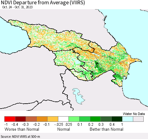 Azerbaijan, Armenia and Georgia NDVI Departure from Average (VIIRS) Thematic Map For 10/24/2023 - 10/31/2023