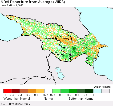 Azerbaijan, Armenia and Georgia NDVI Departure from Average (VIIRS) Thematic Map For 11/1/2023 - 11/8/2023