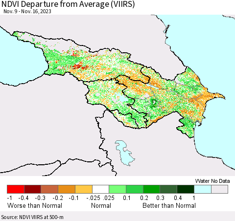 Azerbaijan, Armenia and Georgia NDVI Departure from Average (VIIRS) Thematic Map For 11/9/2023 - 11/16/2023