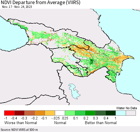 Azerbaijan, Armenia and Georgia NDVI Departure from Average (VIIRS) Thematic Map For 11/17/2023 - 11/24/2023