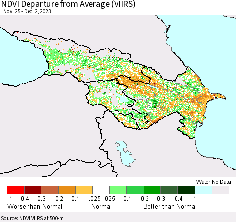 Azerbaijan, Armenia and Georgia NDVI Departure from Average (VIIRS) Thematic Map For 11/25/2023 - 12/2/2023