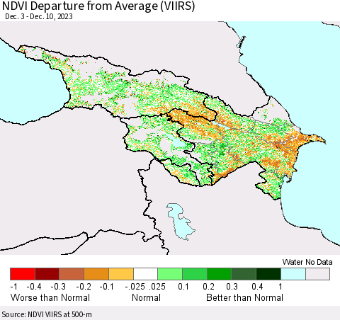 Azerbaijan, Armenia and Georgia NDVI Departure from Average (VIIRS) Thematic Map For 12/3/2023 - 12/10/2023