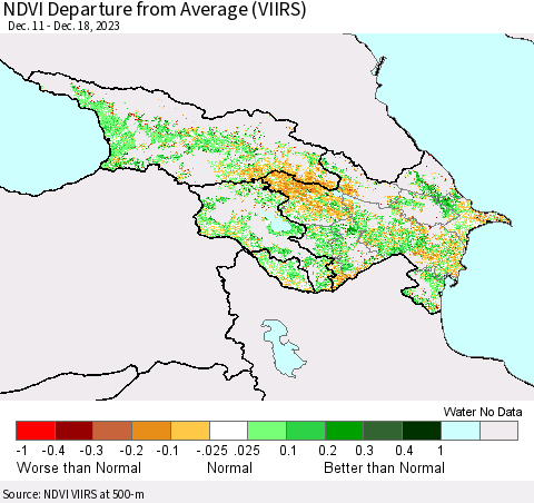 Azerbaijan, Armenia and Georgia NDVI Departure from Average (VIIRS) Thematic Map For 12/11/2023 - 12/18/2023