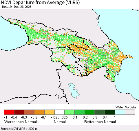 Azerbaijan, Armenia and Georgia NDVI Departure from Average (VIIRS) Thematic Map For 12/19/2023 - 12/26/2023