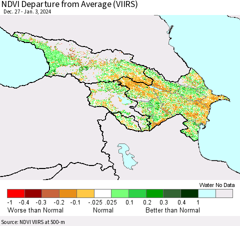 Azerbaijan, Armenia and Georgia NDVI Departure from Average (VIIRS) Thematic Map For 12/27/2023 - 1/3/2024