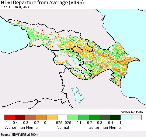 Azerbaijan, Armenia and Georgia NDVI Departure from Average (VIIRS) Thematic Map For 1/1/2024 - 1/8/2024