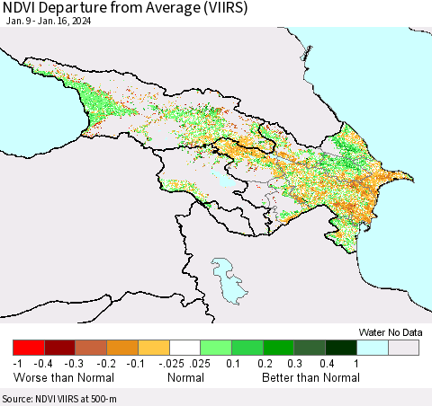 Azerbaijan, Armenia and Georgia NDVI Departure from Average (VIIRS) Thematic Map For 1/9/2024 - 1/16/2024