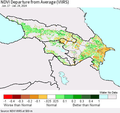 Azerbaijan, Armenia and Georgia NDVI Departure from Average (VIIRS) Thematic Map For 1/17/2024 - 1/24/2024