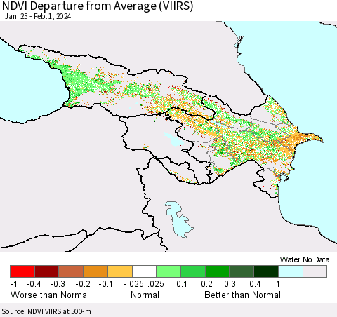 Azerbaijan, Armenia and Georgia NDVI Departure from Average (VIIRS) Thematic Map For 1/25/2024 - 2/1/2024