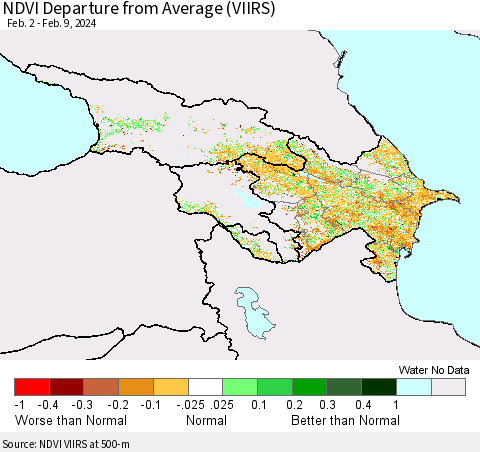 Azerbaijan, Armenia and Georgia NDVI Departure from Average (VIIRS) Thematic Map For 2/2/2024 - 2/9/2024