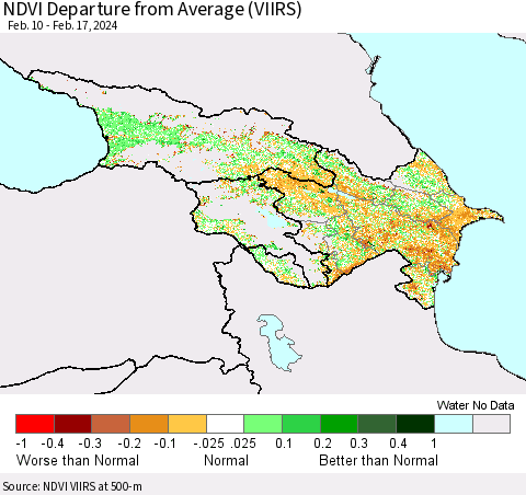 Azerbaijan, Armenia and Georgia NDVI Departure from Average (VIIRS) Thematic Map For 2/10/2024 - 2/17/2024
