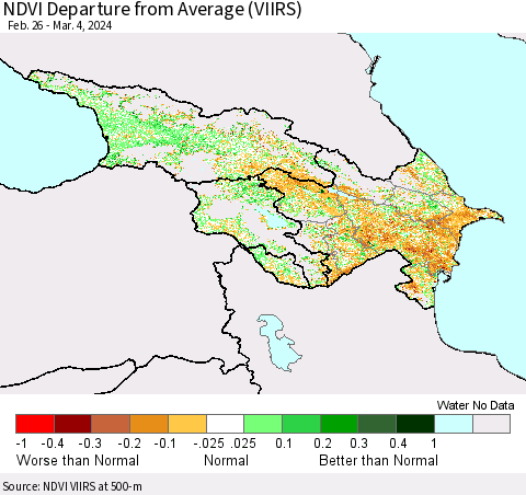 Azerbaijan, Armenia and Georgia NDVI Departure from Average (VIIRS) Thematic Map For 2/26/2024 - 3/4/2024