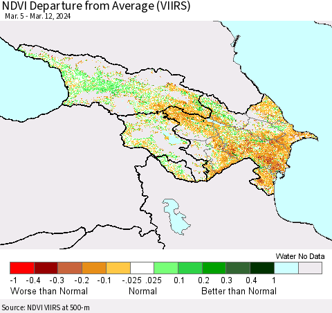 Azerbaijan, Armenia and Georgia NDVI Departure from Average (VIIRS) Thematic Map For 3/5/2024 - 3/12/2024