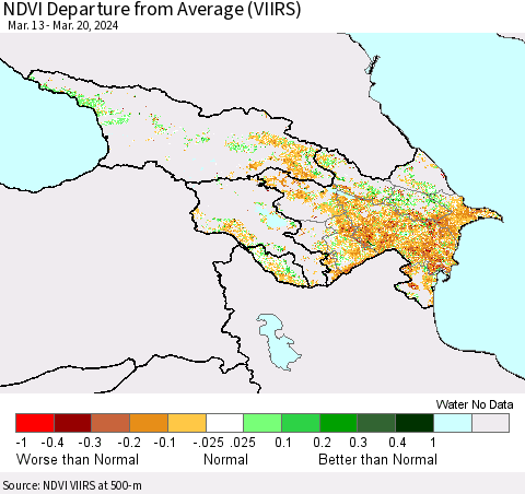 Azerbaijan, Armenia and Georgia NDVI Departure from Average (VIIRS) Thematic Map For 3/13/2024 - 3/20/2024