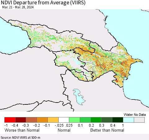 Azerbaijan, Armenia and Georgia NDVI Departure from Average (VIIRS) Thematic Map For 3/21/2024 - 3/28/2024