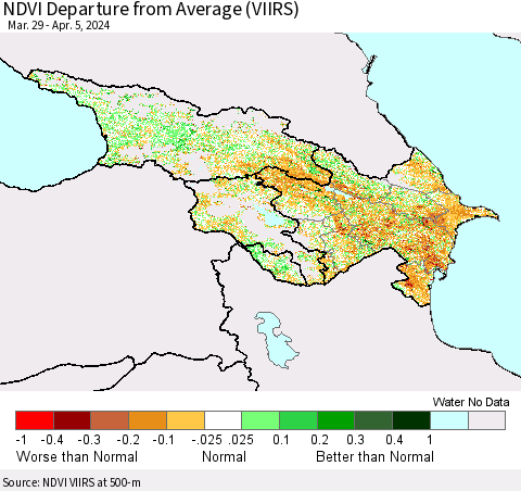 Azerbaijan, Armenia and Georgia NDVI Departure from Average (VIIRS) Thematic Map For 3/29/2024 - 4/5/2024