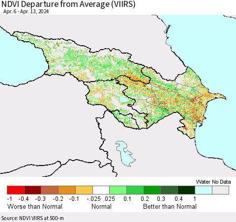 Azerbaijan, Armenia and Georgia NDVI Departure from Average (VIIRS) Thematic Map For 4/6/2024 - 4/13/2024