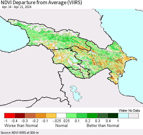Azerbaijan, Armenia and Georgia NDVI Departure from Average (VIIRS) Thematic Map For 4/14/2024 - 4/21/2024