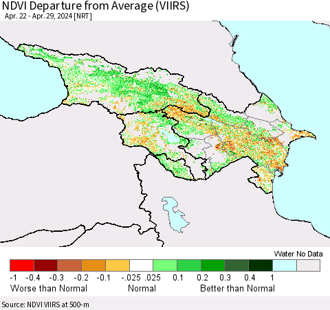 Azerbaijan, Armenia and Georgia NDVI Departure from Average (VIIRS) Thematic Map For 4/22/2024 - 4/29/2024