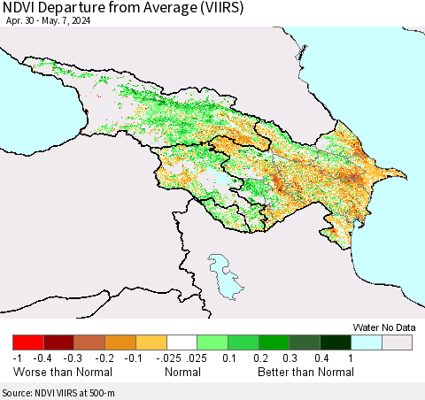 Azerbaijan, Armenia and Georgia NDVI Departure from Average (VIIRS) Thematic Map For 4/30/2024 - 5/7/2024