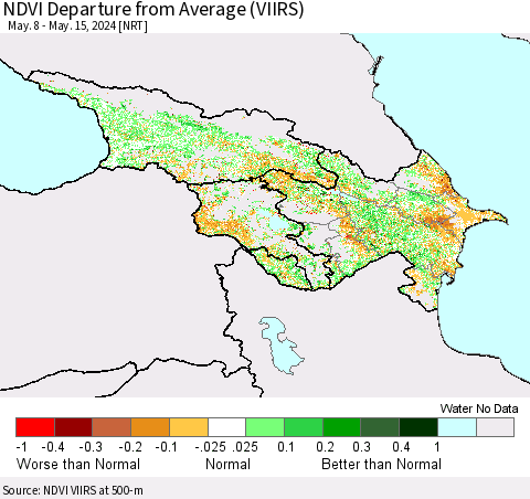 Azerbaijan, Armenia and Georgia NDVI Departure from Average (VIIRS) Thematic Map For 5/8/2024 - 5/15/2024