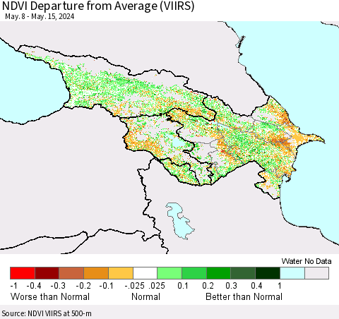 Azerbaijan, Armenia and Georgia NDVI Departure from Average (VIIRS) Thematic Map For 5/8/2024 - 5/15/2024