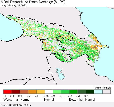 Azerbaijan, Armenia and Georgia NDVI Departure from Average (VIIRS) Thematic Map For 5/16/2024 - 5/23/2024