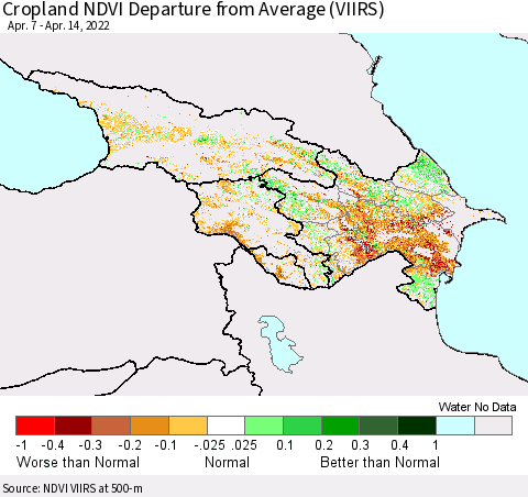 Azerbaijan, Armenia and Georgia Cropland NDVI Departure from Average (VIIRS) Thematic Map For 4/7/2022 - 4/14/2022