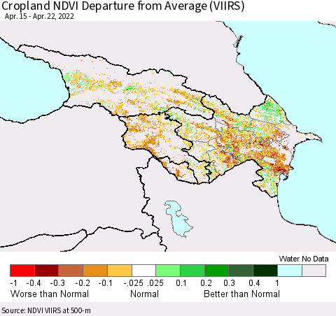 Azerbaijan, Armenia and Georgia Cropland NDVI Departure from Average (VIIRS) Thematic Map For 4/15/2022 - 4/22/2022
