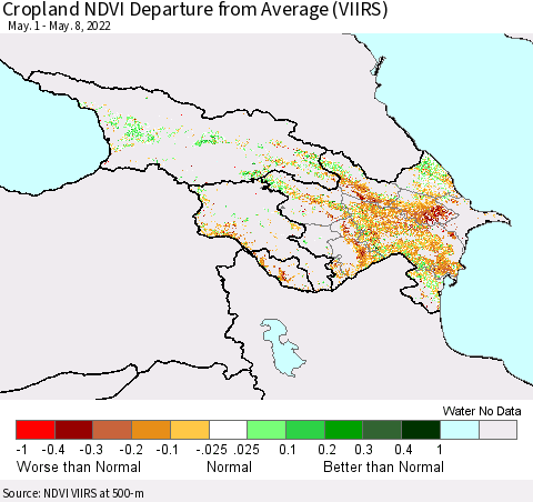 Azerbaijan, Armenia and Georgia Cropland NDVI Departure from Average (VIIRS) Thematic Map For 5/1/2022 - 5/8/2022