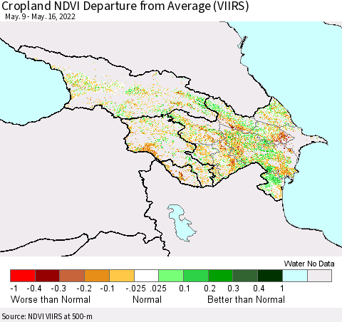 Azerbaijan, Armenia and Georgia Cropland NDVI Departure from Average (VIIRS) Thematic Map For 5/9/2022 - 5/16/2022