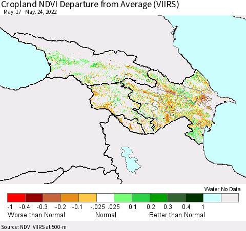 Azerbaijan, Armenia and Georgia Cropland NDVI Departure from Average (VIIRS) Thematic Map For 5/17/2022 - 5/24/2022