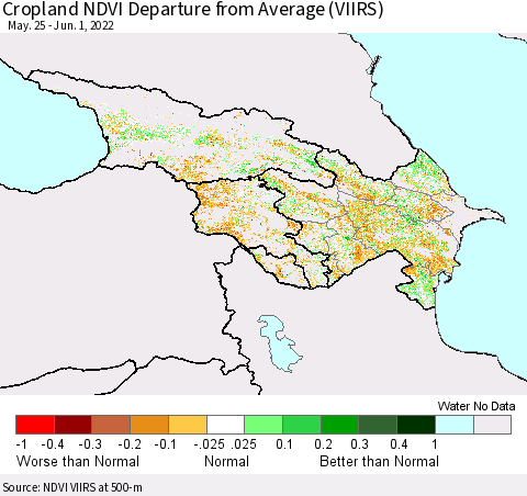 Azerbaijan, Armenia and Georgia Cropland NDVI Departure from Average (VIIRS) Thematic Map For 5/25/2022 - 6/1/2022