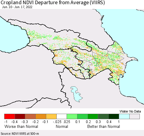 Azerbaijan, Armenia and Georgia Cropland NDVI Departure from Average (VIIRS) Thematic Map For 6/10/2022 - 6/17/2022
