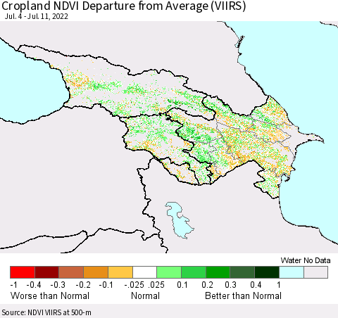 Azerbaijan, Armenia and Georgia Cropland NDVI Departure from Average (VIIRS) Thematic Map For 7/4/2022 - 7/11/2022