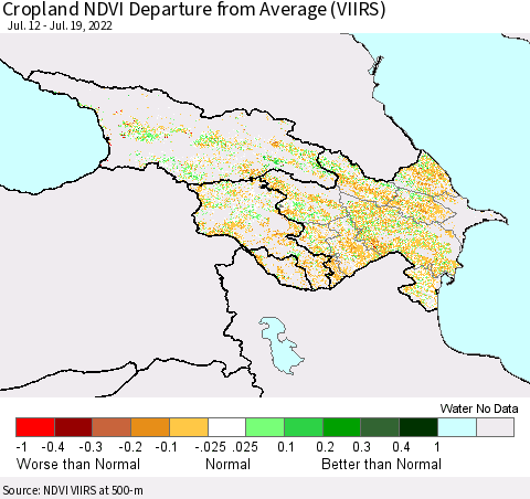 Azerbaijan, Armenia and Georgia Cropland NDVI Departure from Average (VIIRS) Thematic Map For 7/12/2022 - 7/19/2022
