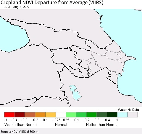 Azerbaijan, Armenia and Georgia Cropland NDVI Departure from Average (VIIRS) Thematic Map For 7/28/2022 - 8/4/2022