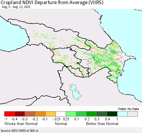 Azerbaijan, Armenia and Georgia Cropland NDVI Departure from Average (VIIRS) Thematic Map For 8/5/2022 - 8/12/2022