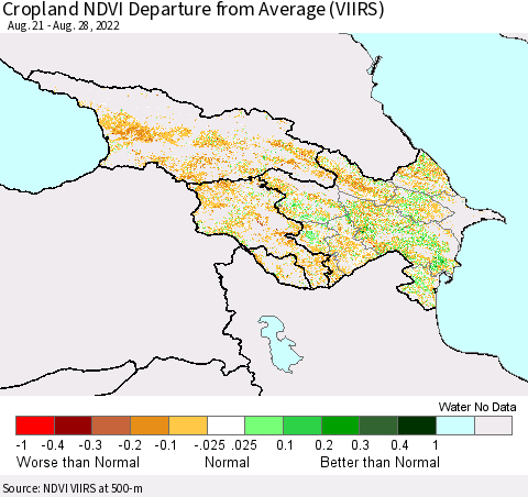 Azerbaijan, Armenia and Georgia Cropland NDVI Departure from Average (VIIRS) Thematic Map For 8/21/2022 - 8/28/2022
