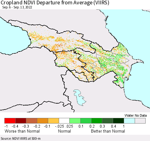 Azerbaijan, Armenia and Georgia Cropland NDVI Departure from Average (VIIRS) Thematic Map For 9/6/2022 - 9/13/2022