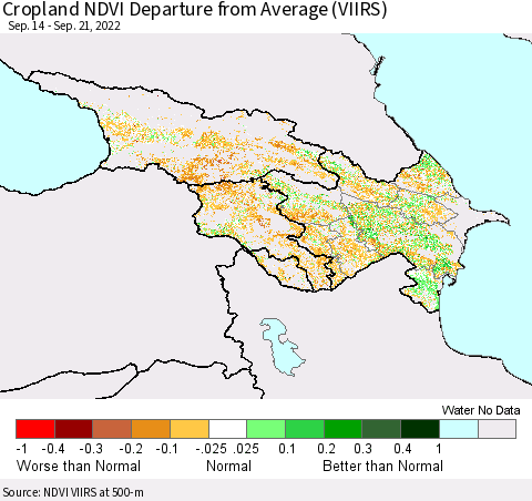 Azerbaijan, Armenia and Georgia Cropland NDVI Departure from Average (VIIRS) Thematic Map For 9/14/2022 - 9/21/2022
