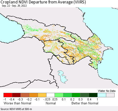Azerbaijan, Armenia and Georgia Cropland NDVI Departure from Average (VIIRS) Thematic Map For 9/22/2022 - 9/29/2022