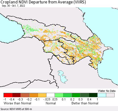 Azerbaijan, Armenia and Georgia Cropland NDVI Departure from Average (VIIRS) Thematic Map For 9/30/2022 - 10/7/2022