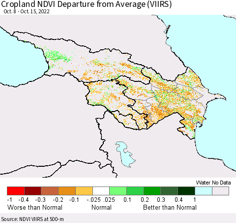 Azerbaijan, Armenia and Georgia Cropland NDVI Departure from Average (VIIRS) Thematic Map For 10/8/2022 - 10/15/2022