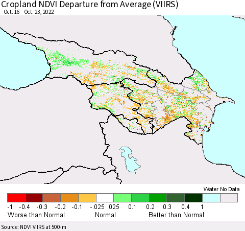 Azerbaijan, Armenia and Georgia Cropland NDVI Departure from Average (VIIRS) Thematic Map For 10/16/2022 - 10/23/2022