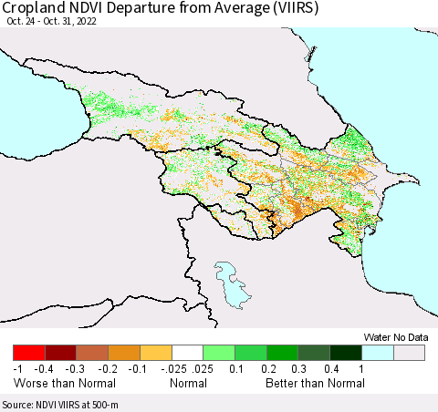 Azerbaijan, Armenia and Georgia Cropland NDVI Departure from Average (VIIRS) Thematic Map For 10/24/2022 - 10/31/2022